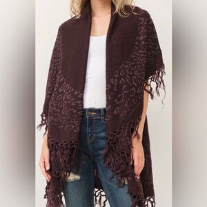 Raj Dark Plum Leopard Jacquard Fringed Shawl